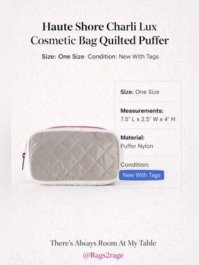 Haute Shore Charli Lux Cosmetic Bag Quilted Puffer Gray Pink Zip Travel Case